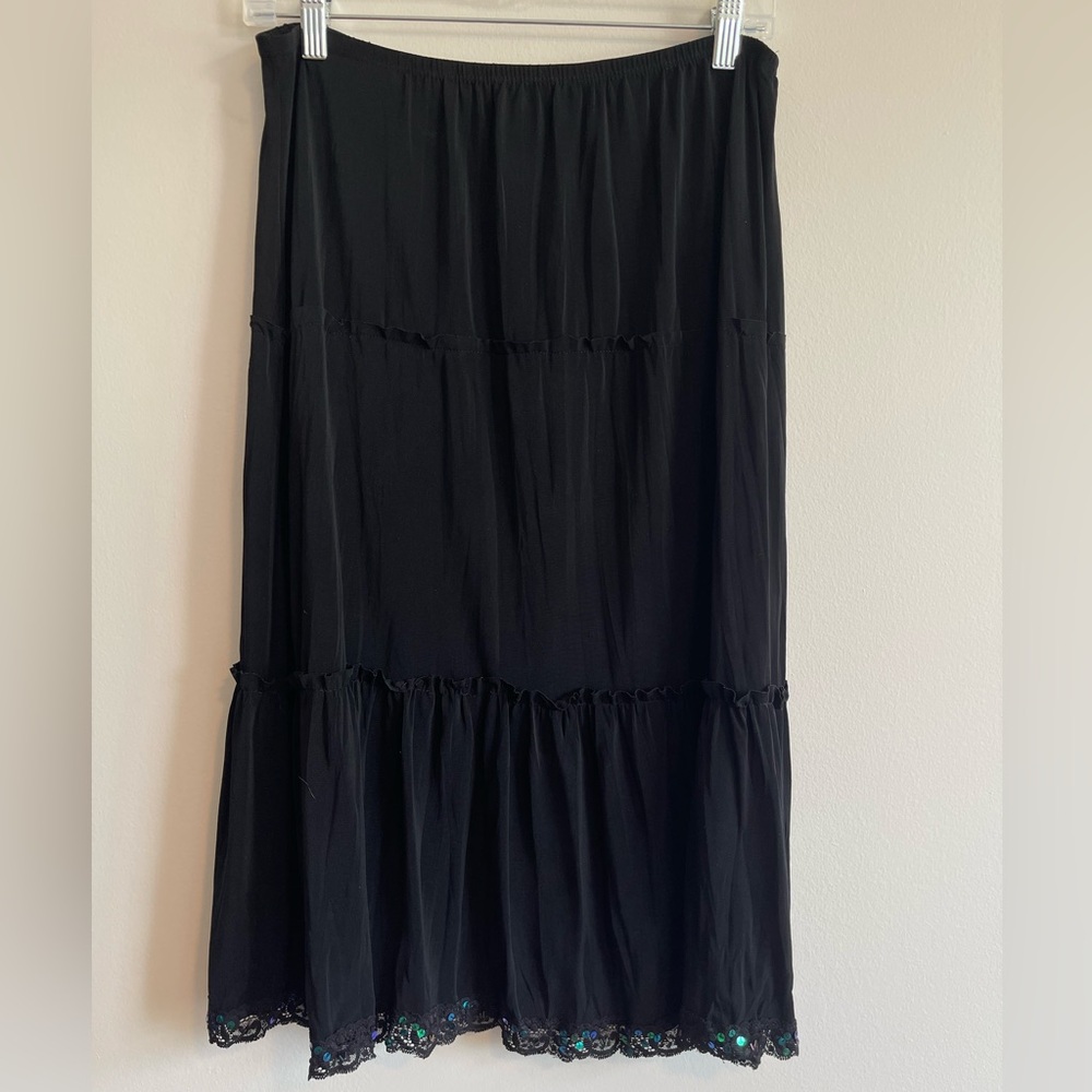 Vintage Made in USA Rave Black Midi Skirt with Sequin and Lace Trim